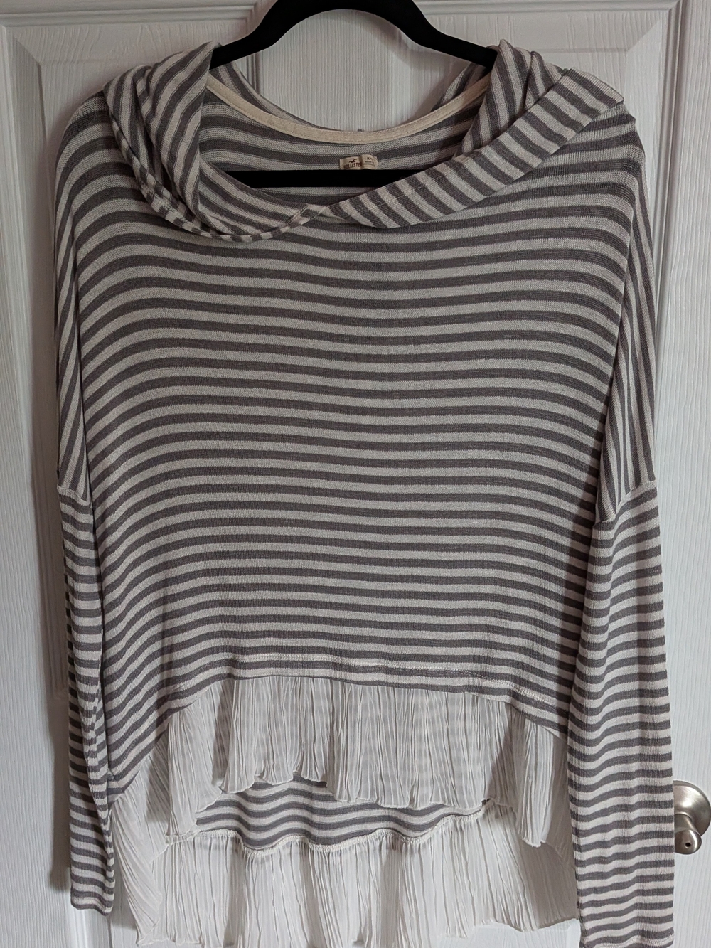 Hollister Gray & White Striped Hooded Top